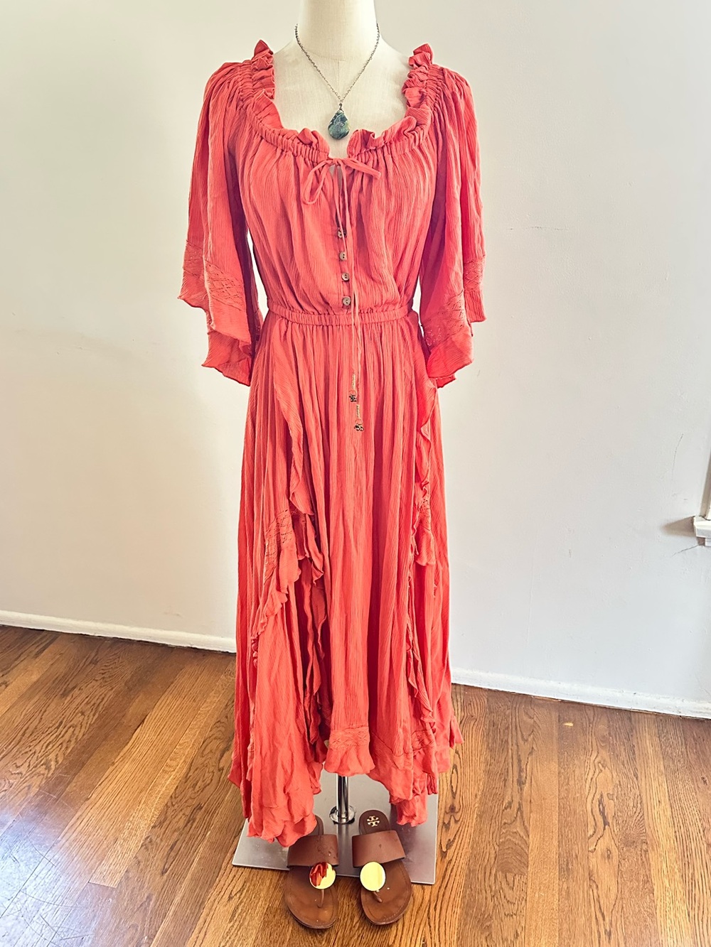 Free People Coral Ruffle Button Front Maxi Dress Boho Romantic Dress S